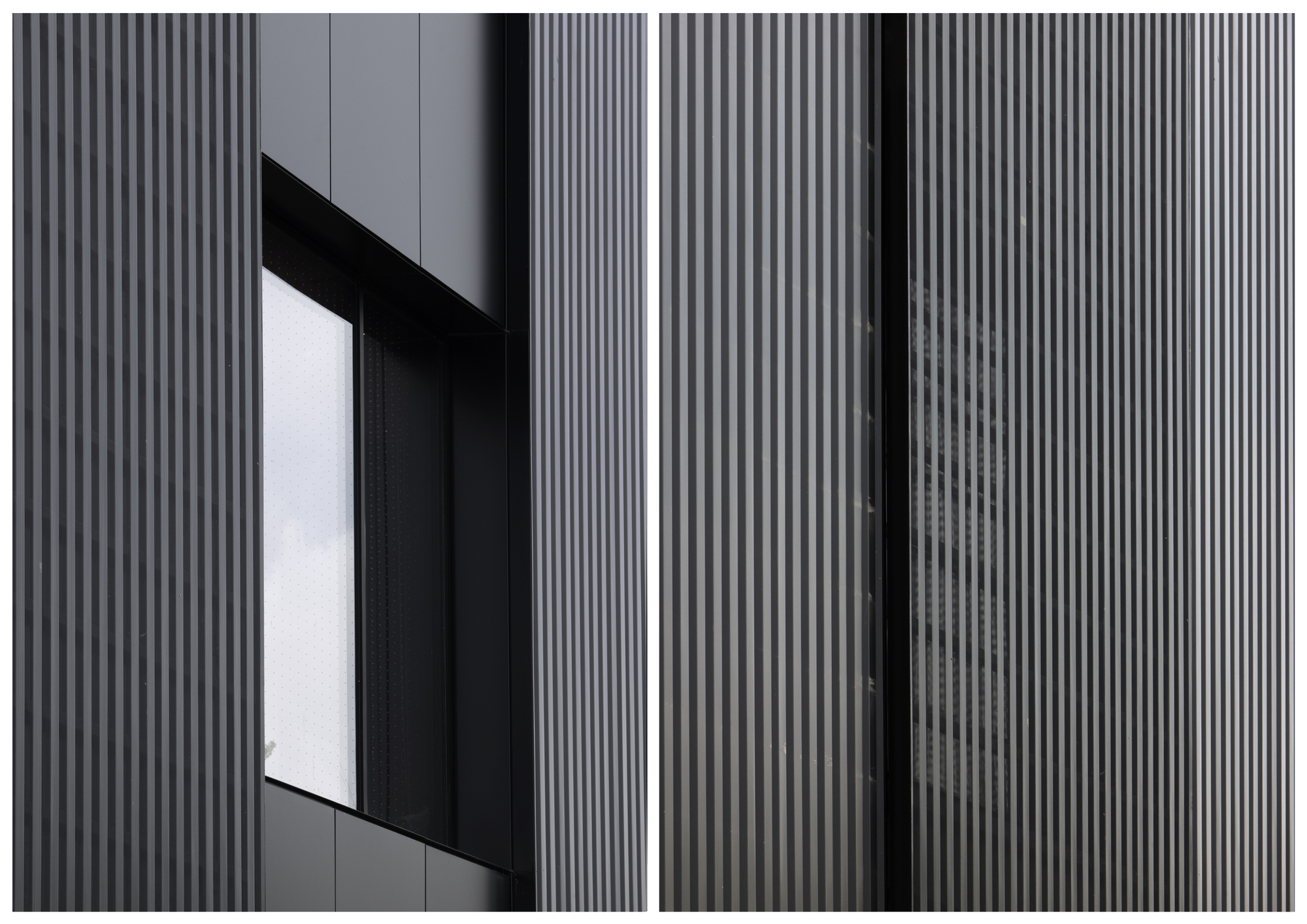 Close-up of vertical metal cladding with an angled window opening framed in dark panels