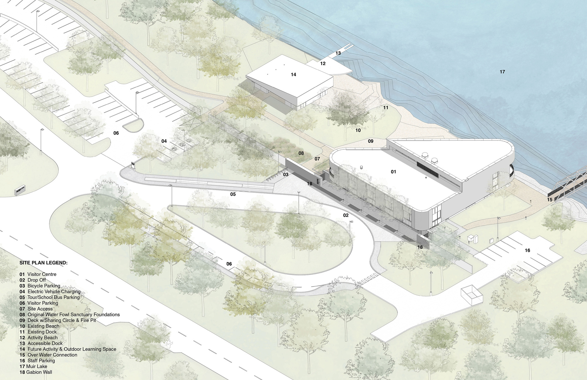 Axonometric site plan drawing showing buildings with parking and landscaped areas adjacent to a lakefront