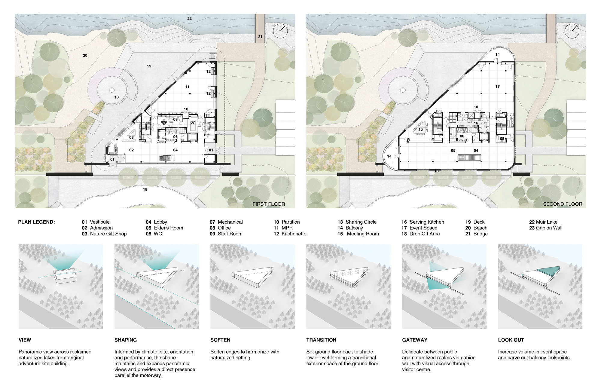 Floor plans and conceptual diagrams illustrating spatial strategies for an angled building near water