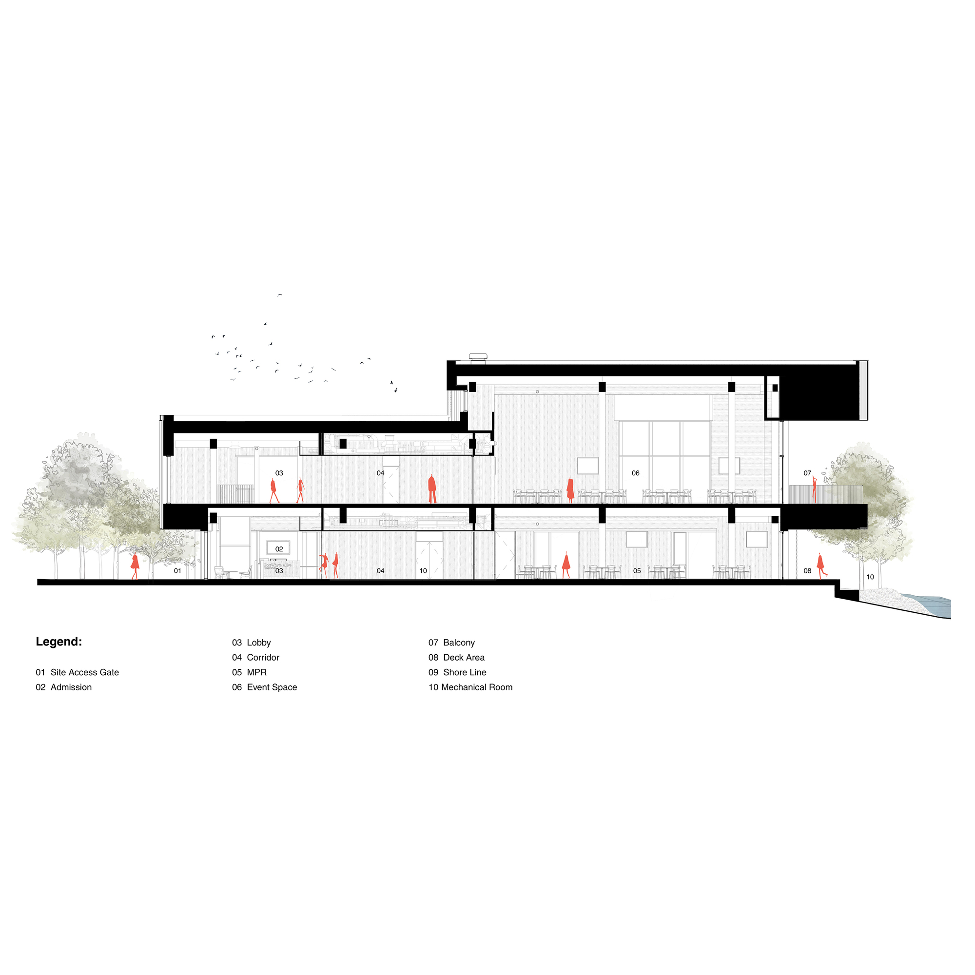 Building section drawing showing split-level interior spaces with figures and flanking trees