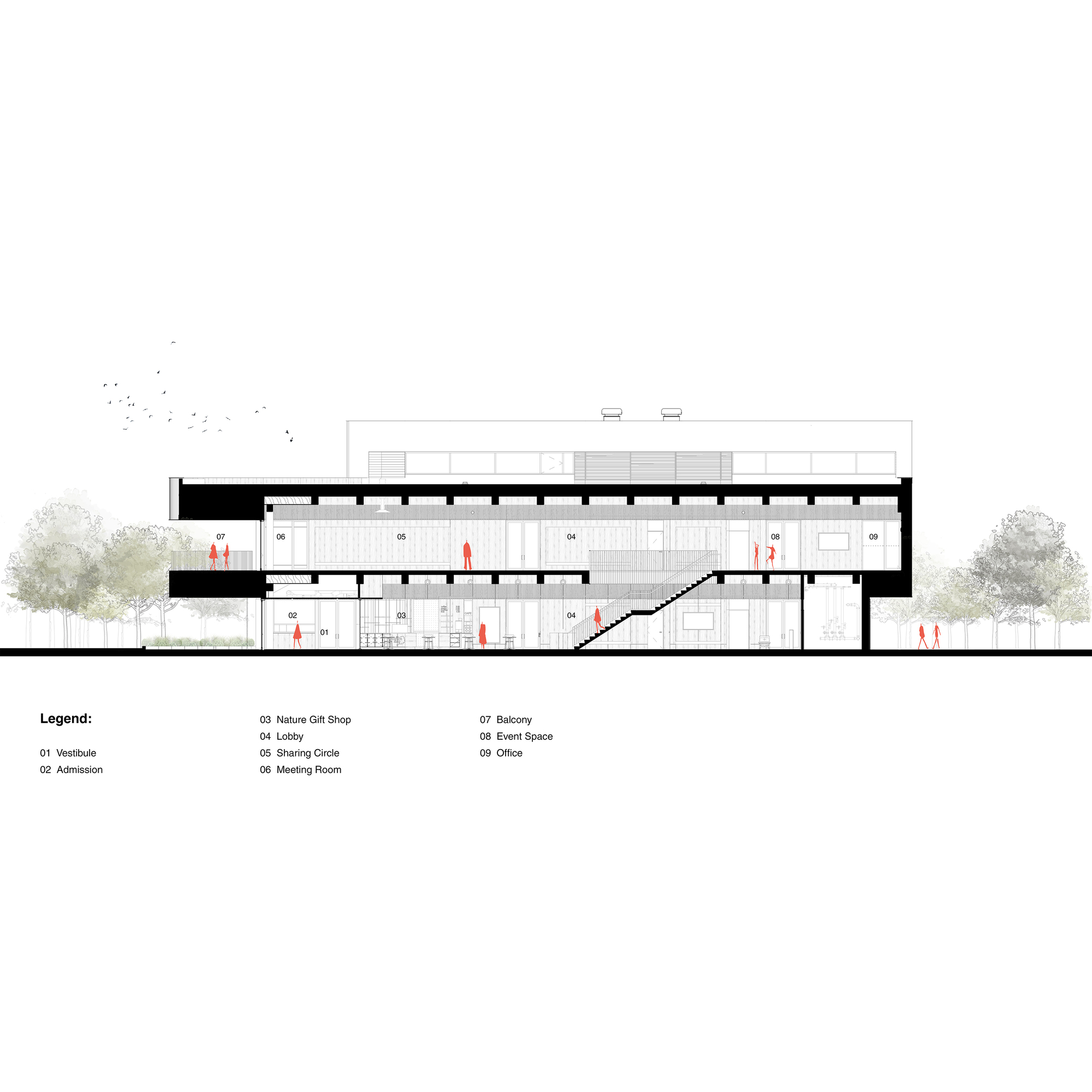 Building section drawing revealing a central staircase connecting multiple interior levels between trees