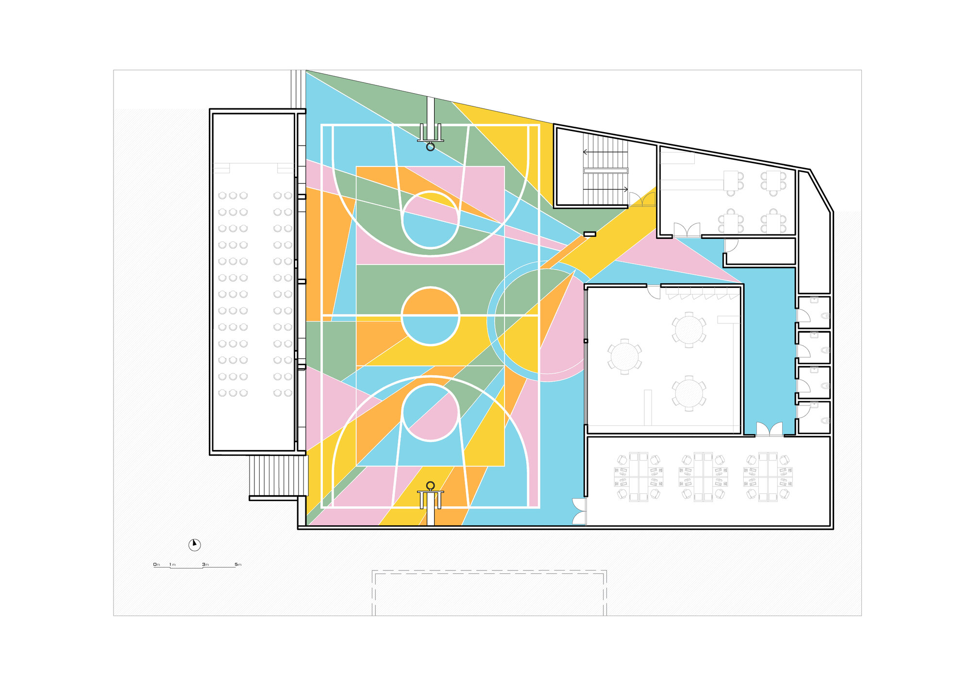 Floor plan drawing showing the courtyard with sport court markings surrounded by interior classroom and stair spaces