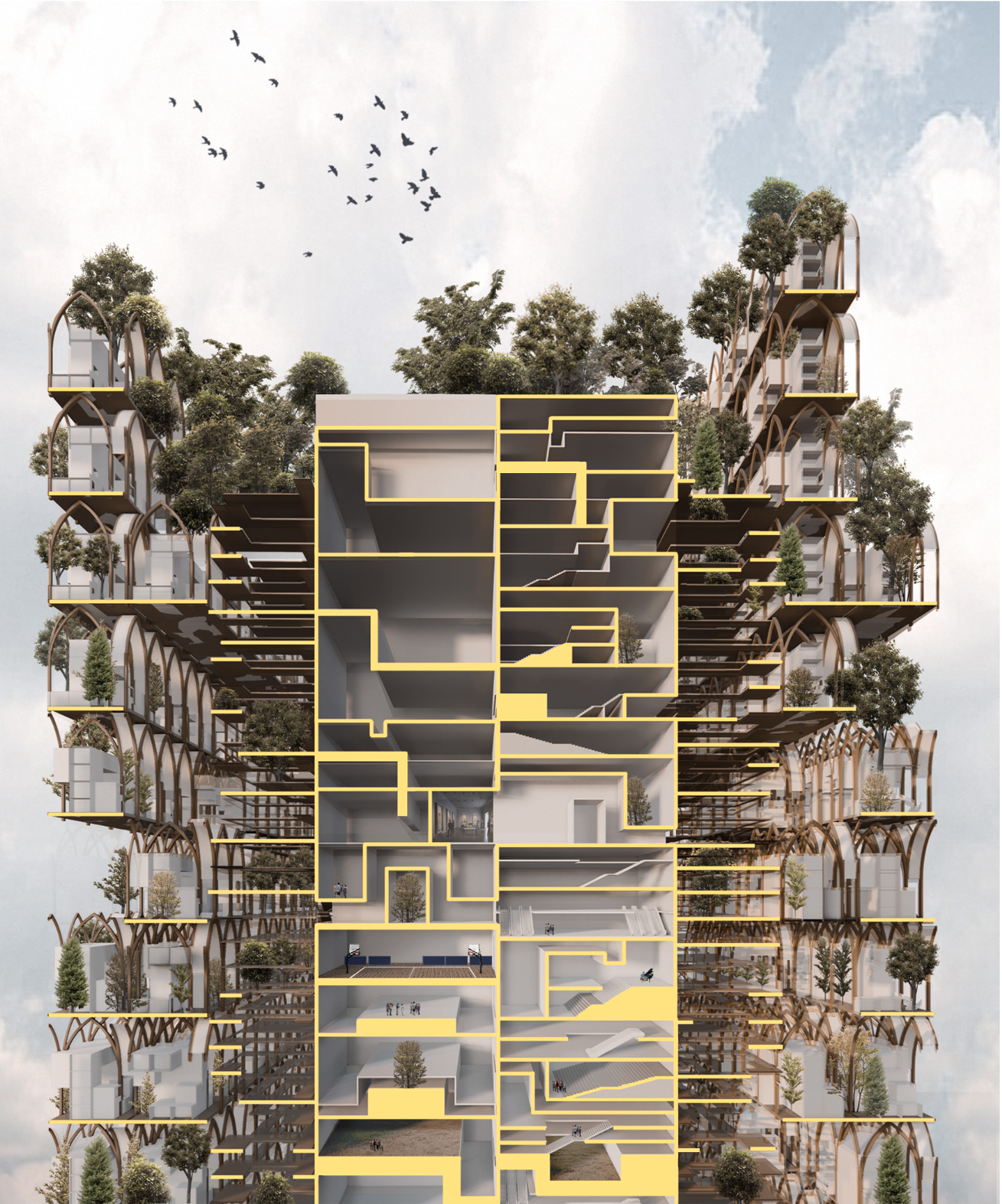 Sectional perspective revealing NOMADHOUSE’s layered communal core, modular homes, and integrated vertical greenery.