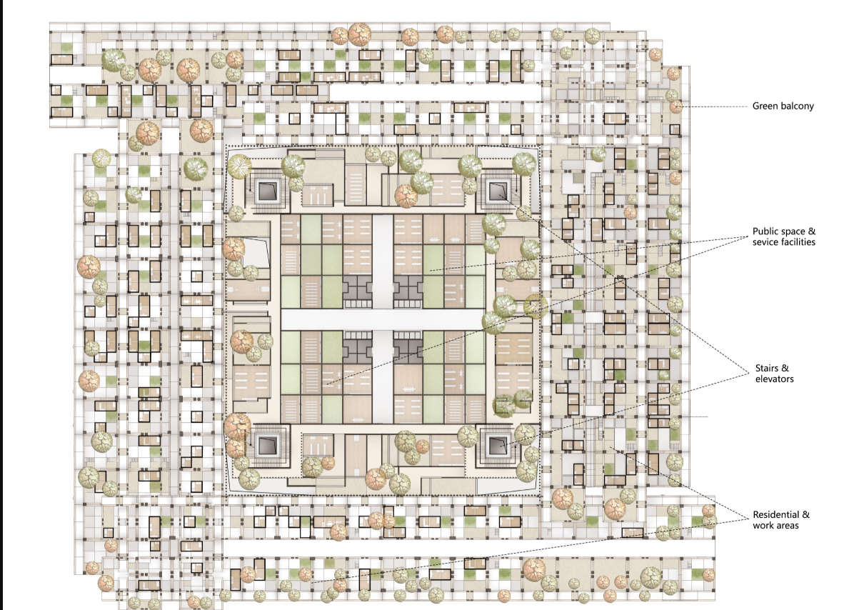 Floor plan organizing residential modules, shared facilities, circulation cores, and green balconies.