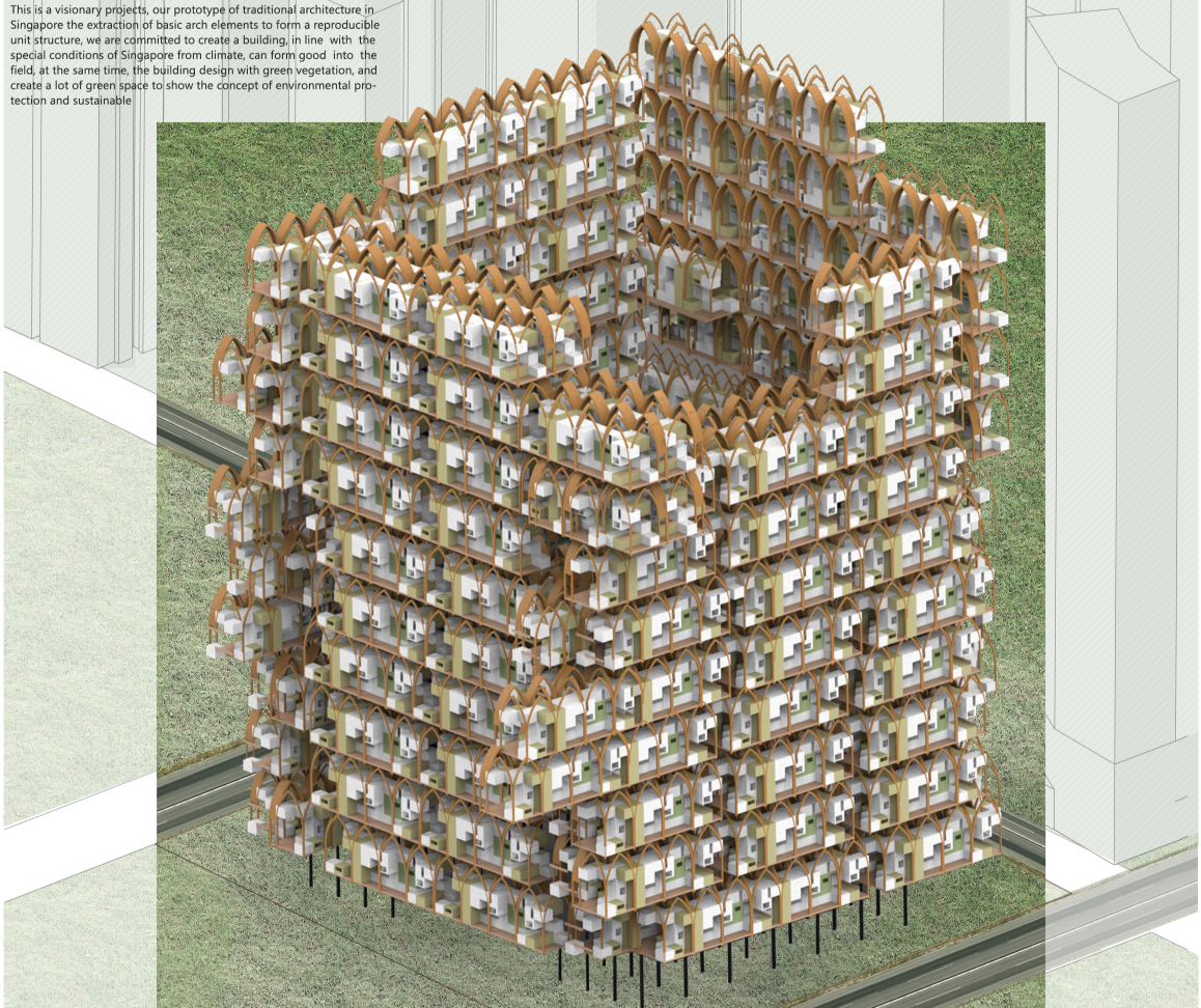 Axonometric view of the expandable arch-based modular housing system.