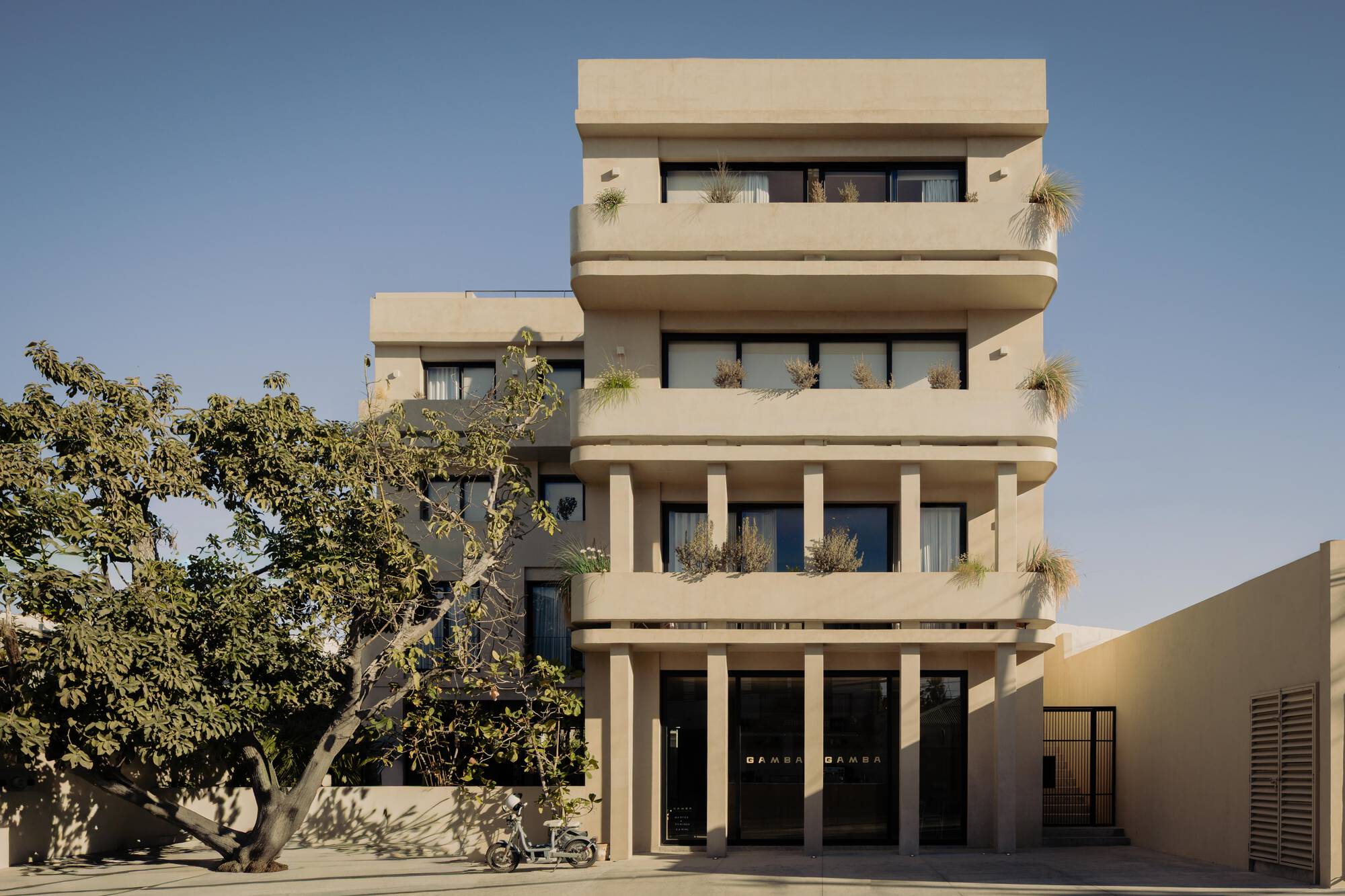 Street view of the cream-colored facade with curved balconies and planters beside a mature tree