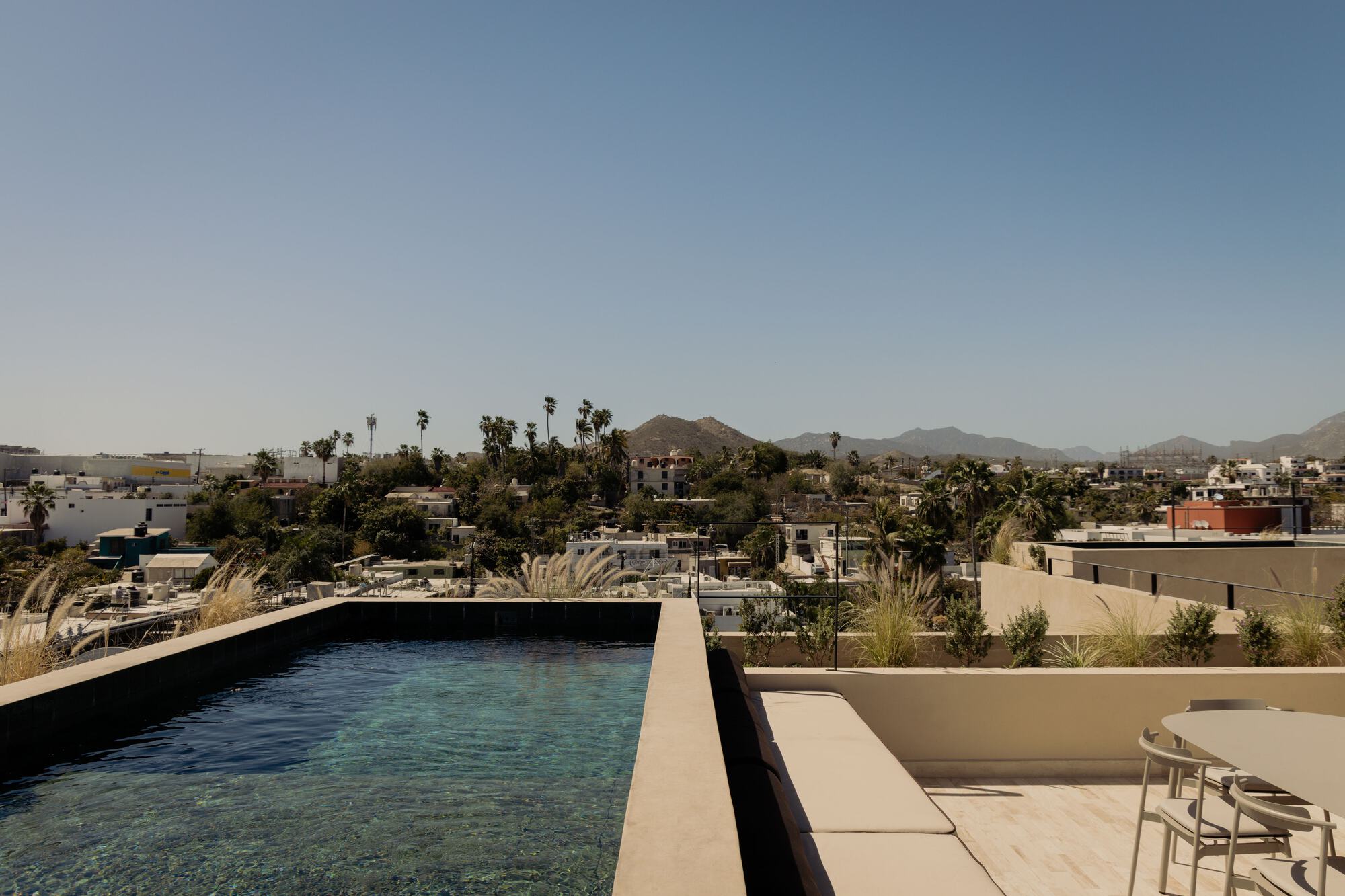Rooftop pool terrace overlooking palm trees and distant mountains under clear afternoon sky