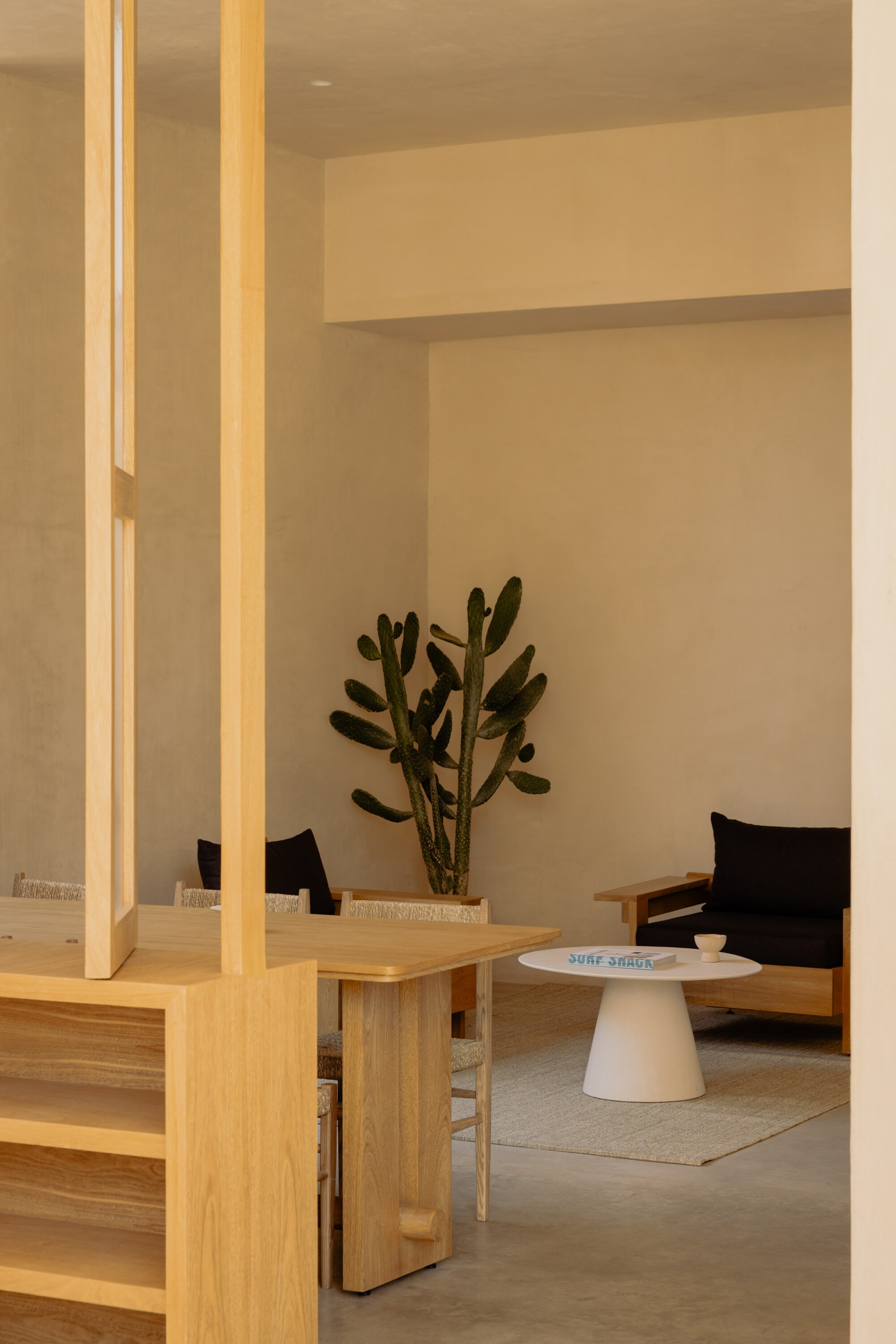 Timber screen partition with cactus plant on a side table in a warmly lit interior