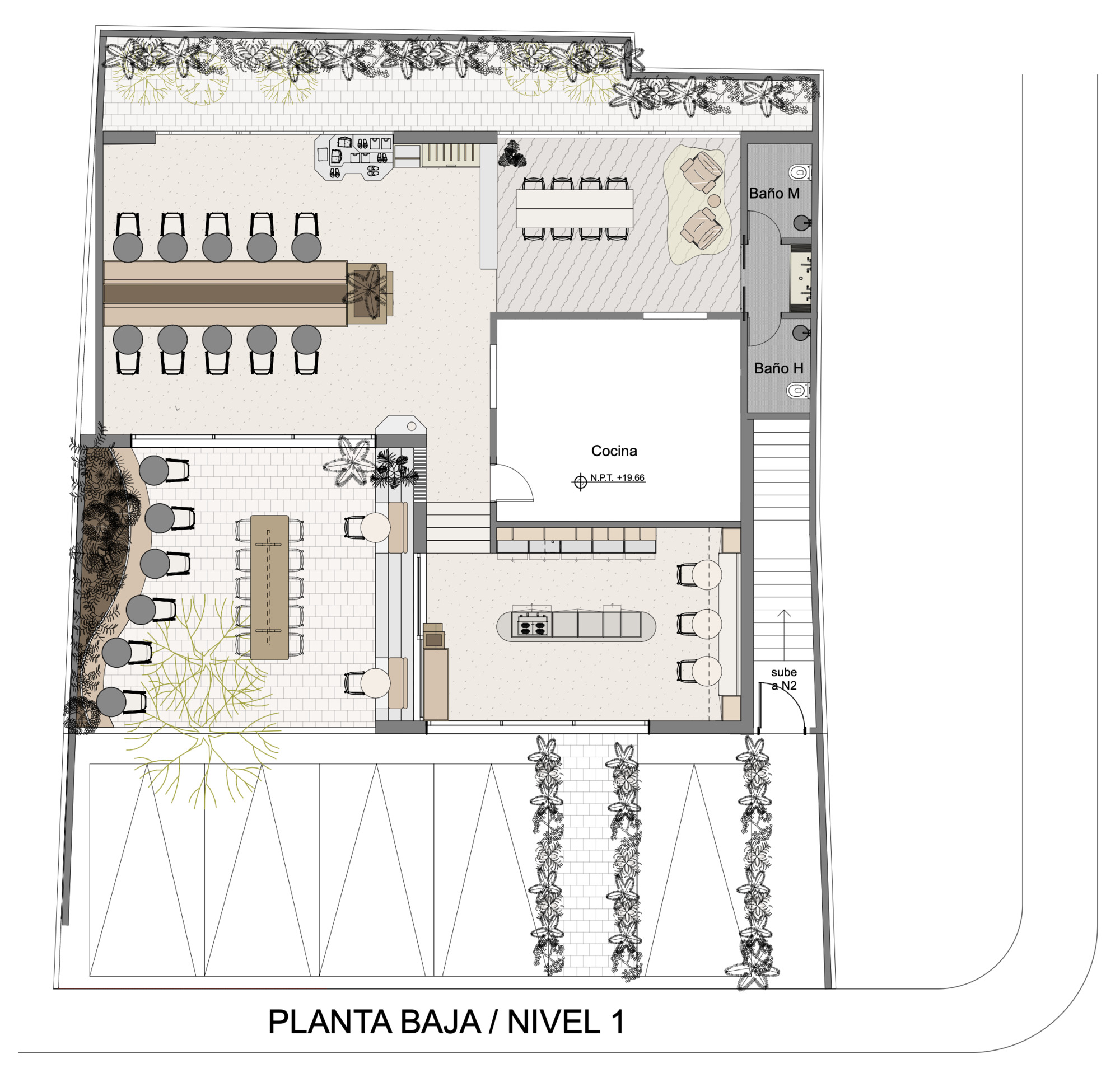 Ground floor plan drawing showing restaurant dining areas, kitchen, bathrooms, and landscaped terrace