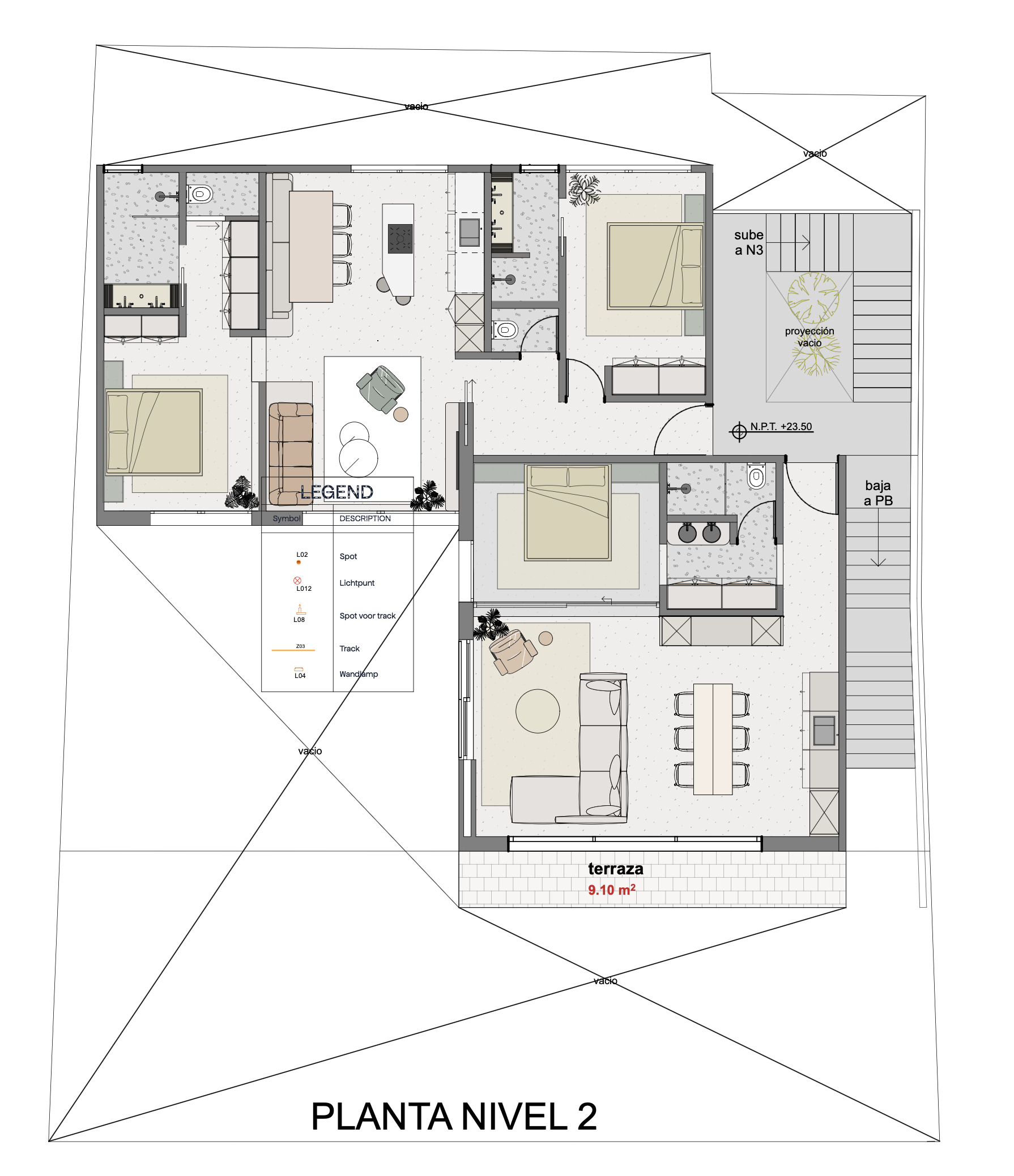 Second level floor plan drawing showing two residential units with bedrooms, living areas, and terraces