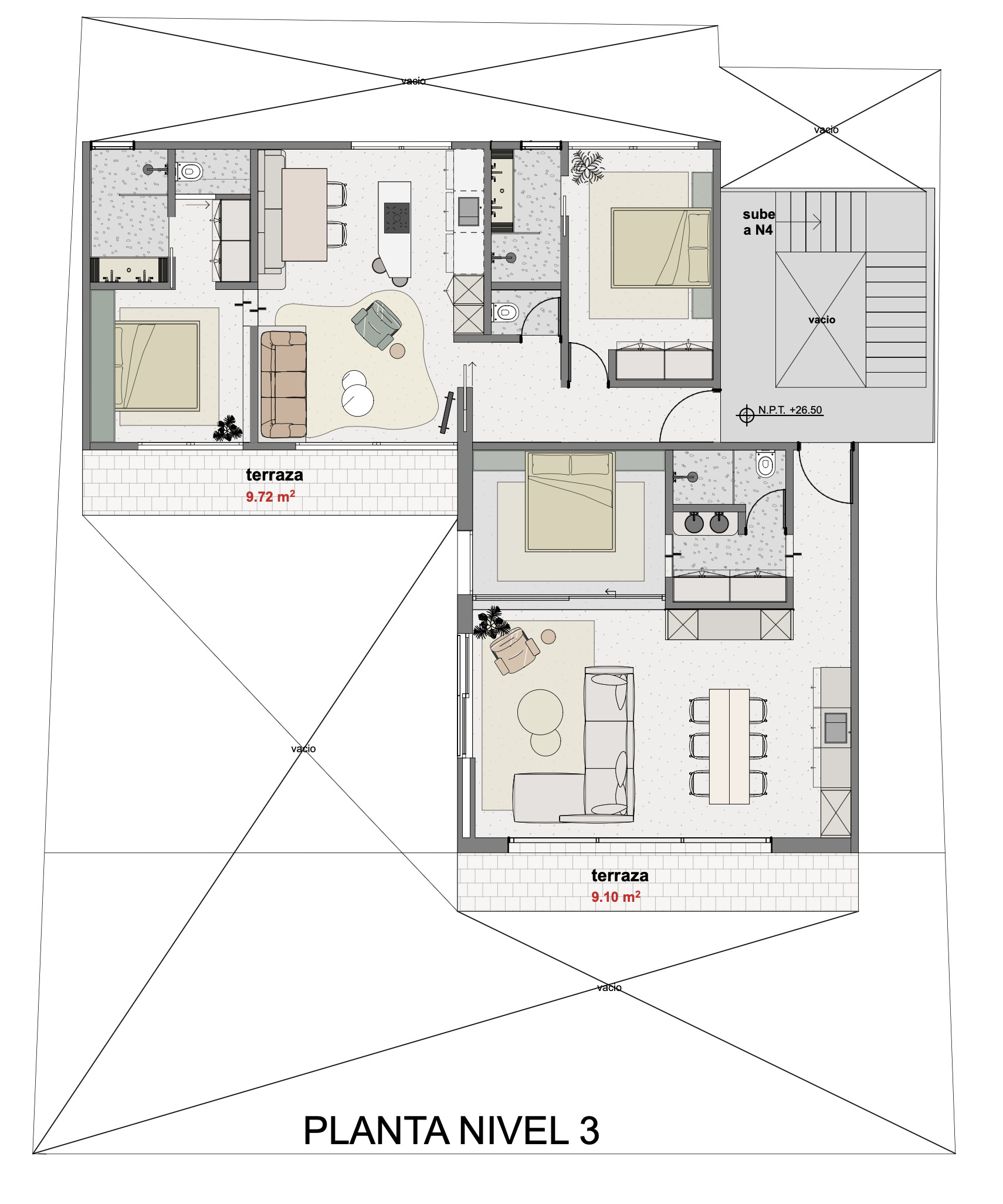 Third level floor plan drawing showing two residential units with terraces beneath sloped roof outlines