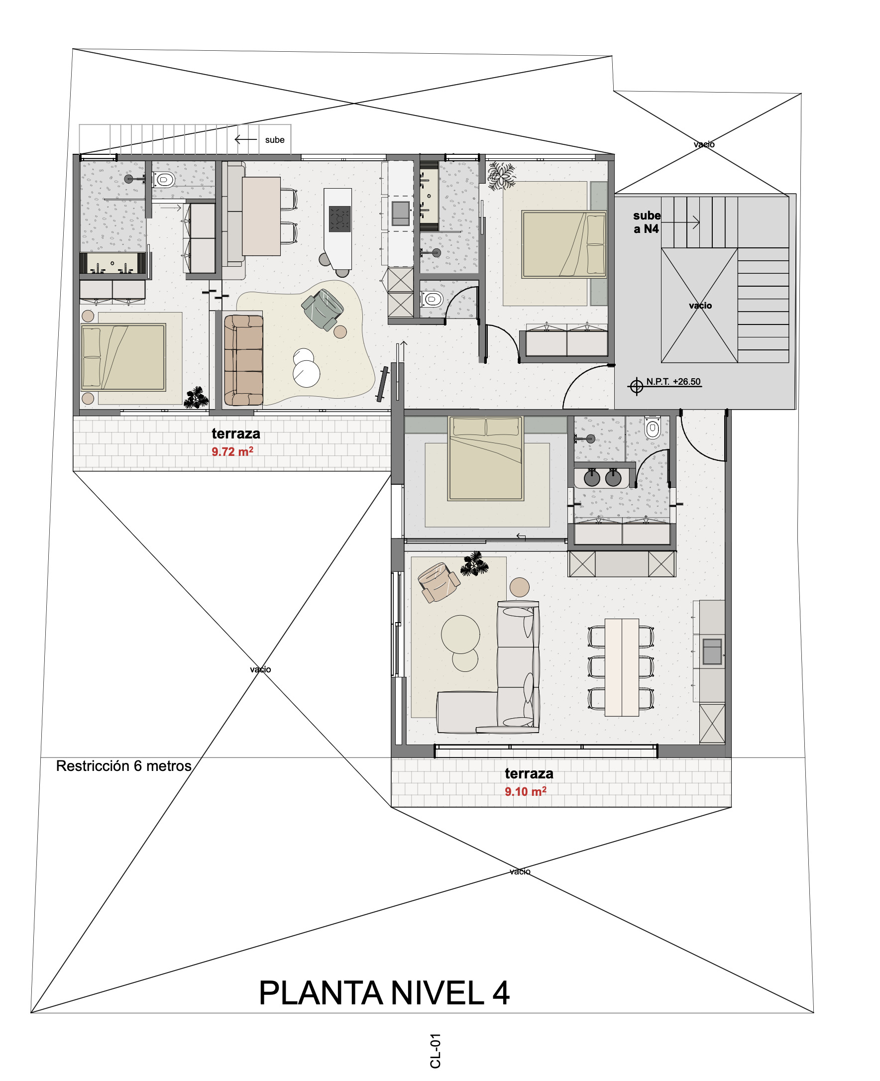 Fourth level floor plan drawing showing two residential units with terraces and setback restrictions noted