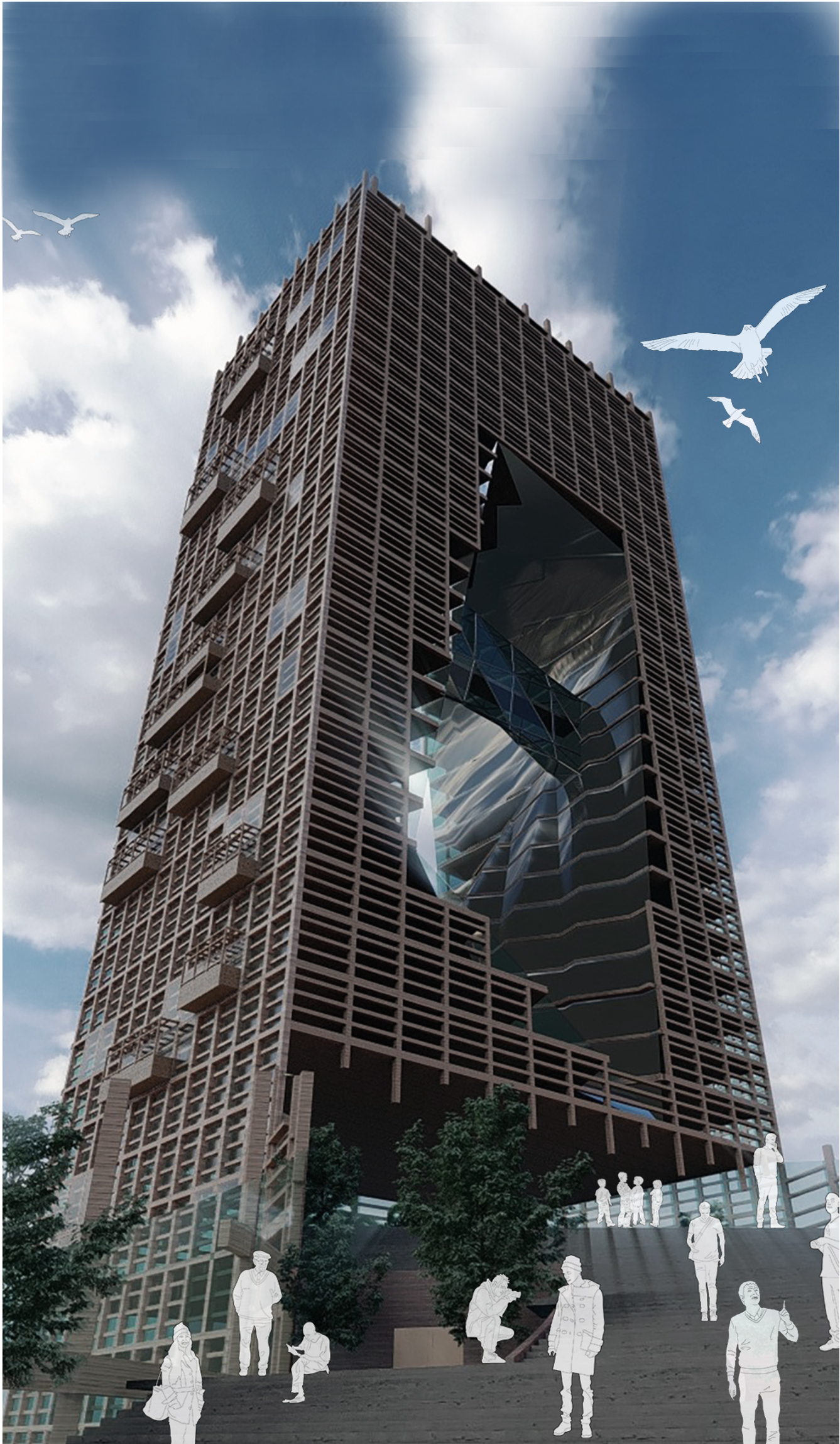 A dramatic low-angle view highlights the tower’s timber grid façade, elevated public steps and large central void.