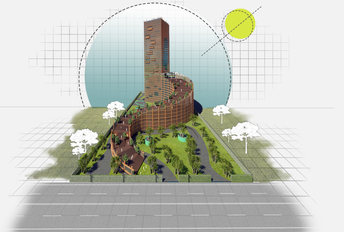 A landscaped public route rises across the curved podium, connecting the entrance plaza with the elevated civic spaces.