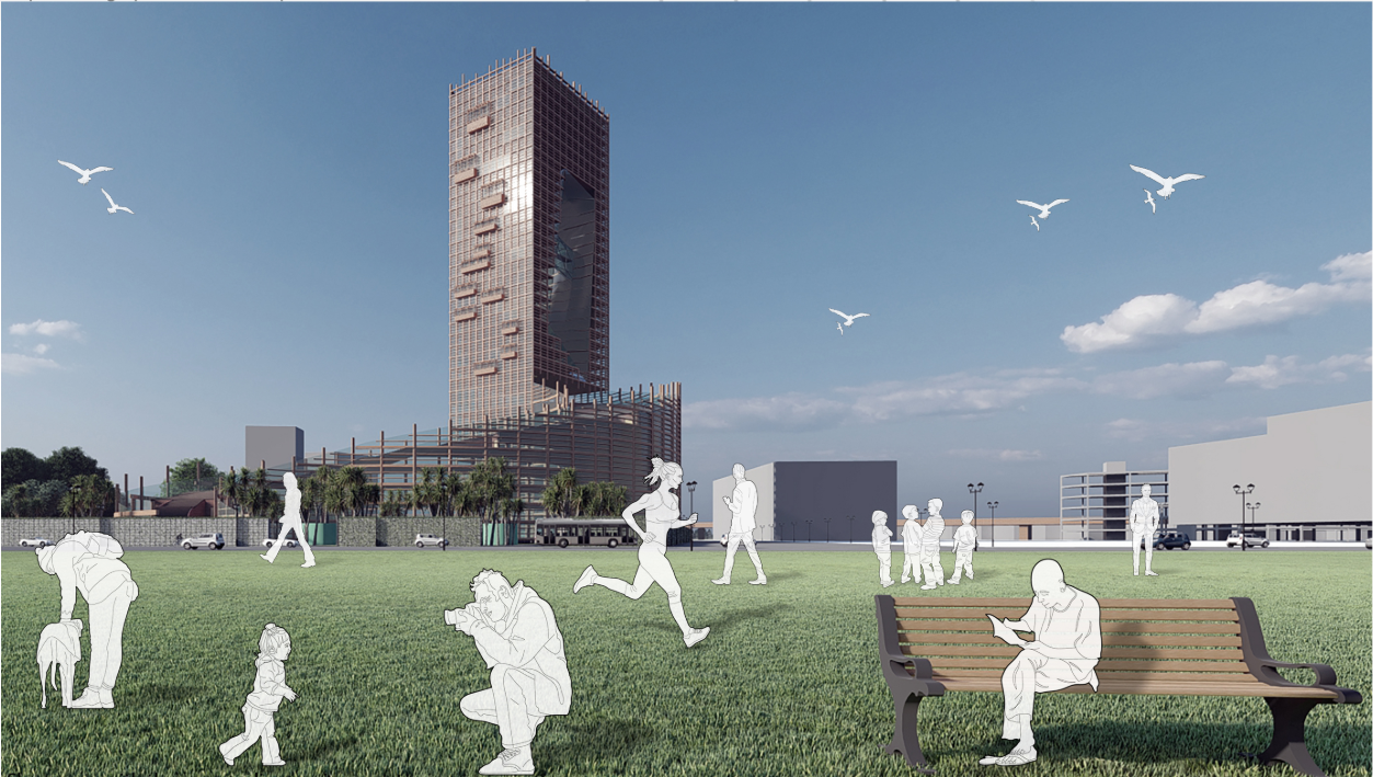 The skyscraper forms a vertical landmark while maintaining a strong visual relationship with the surrounding public landscape.