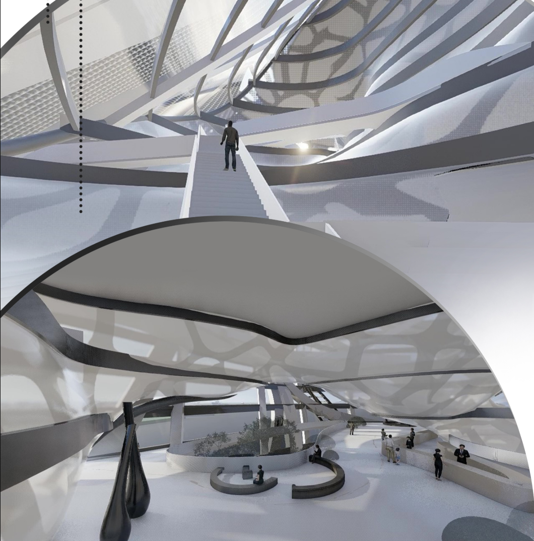 Organic interior circulation shaped by flowing forms and a continuous central courtyard.
