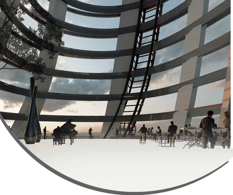 Rooftop social space framed by the exposed structural exoskeleton and panoramic views.