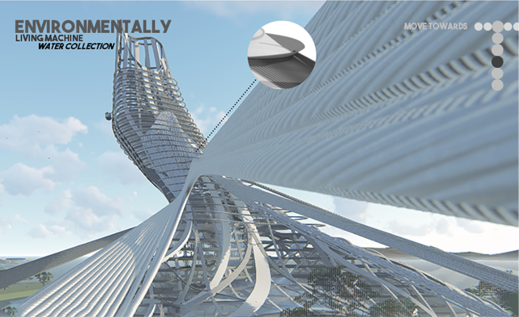 Water collection systems become part of the skyscraper’s expressive structural and environmental design.