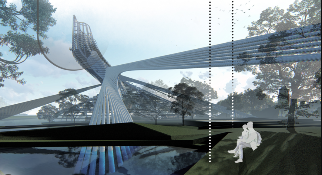 The Adsequor rises from the restored wetland through sweeping structural extensions and landscaped terrain.