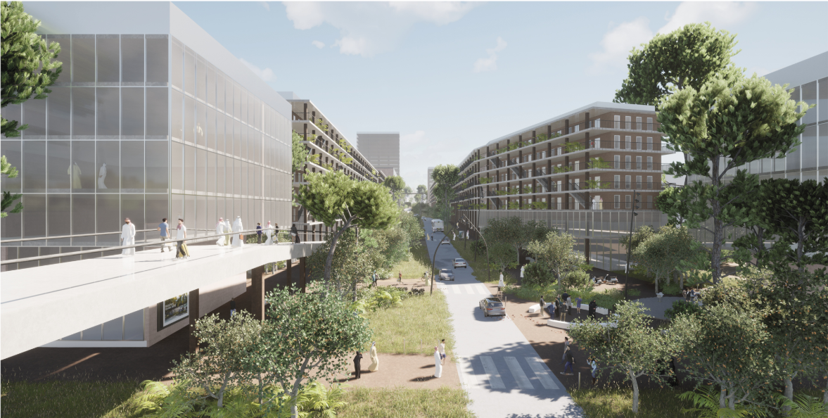 A resilient urban corridor combines housing, greenery, pedestrian bridges, and civic facilities for earthquake-ready city life.
