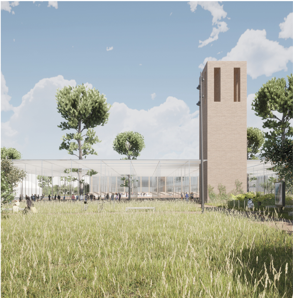 A central green square with a wind tower creates a calm gathering space for shelter and recovery.
