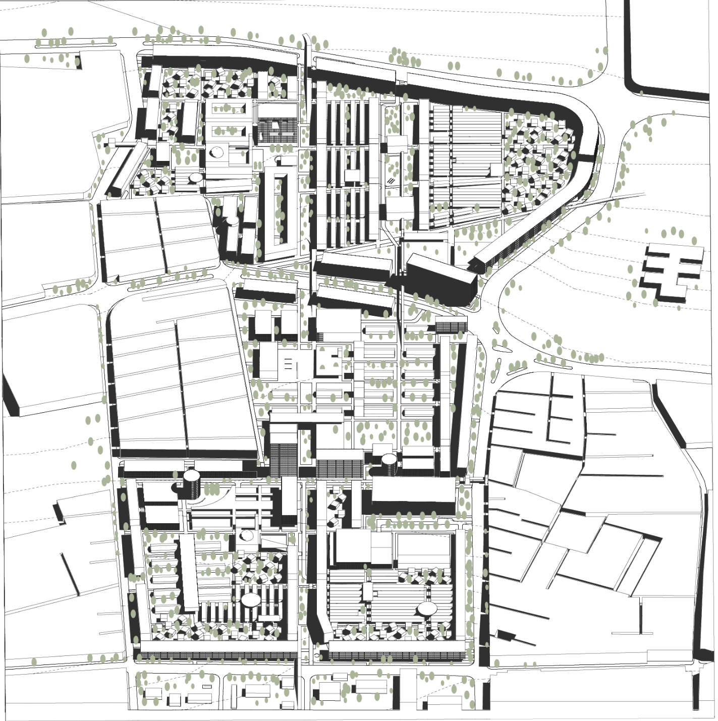 The masterplan organizes housing, civic functions, green areas, and evacuation routes into a compact resilient city fabric.