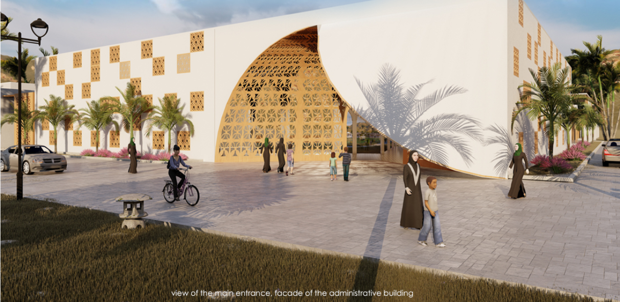 Main entrance of the administrative building, combining contemporary form with traditional geometric screens and shaded public space.