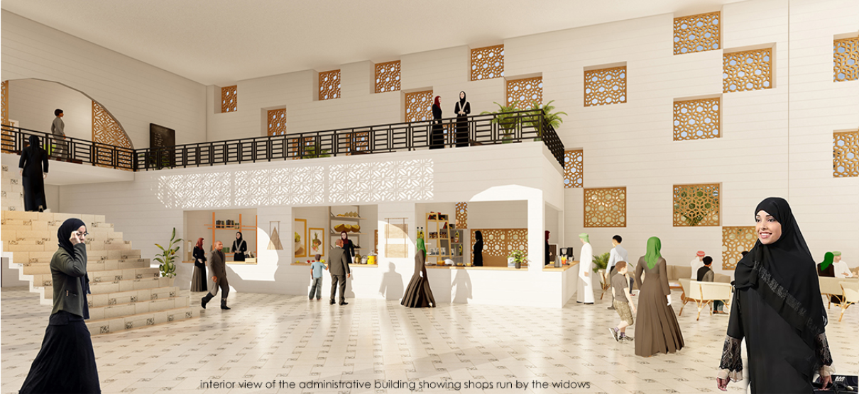 Administrative building interior featuring community gathering areas, patterned screens, and shops operated by resident women.