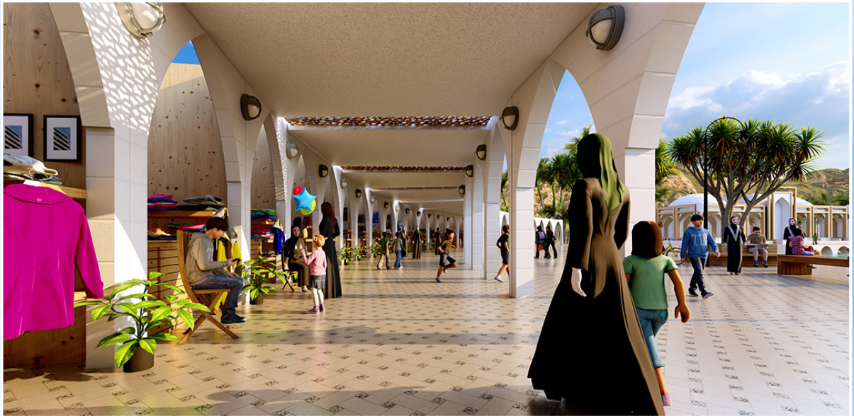 A lively souq arcade creating a shaded marketplace for commerce, social interaction, and everyday community life.