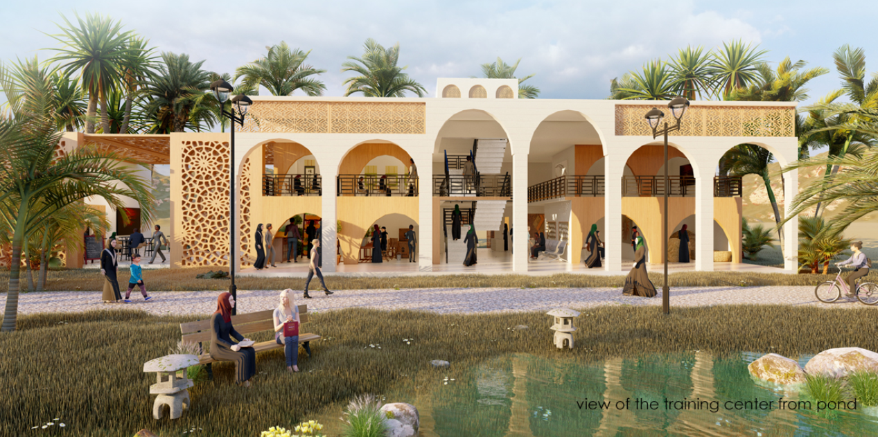 Training center beside the pond, supporting education, vocational skills, workshops, and pathways toward economic independence.
