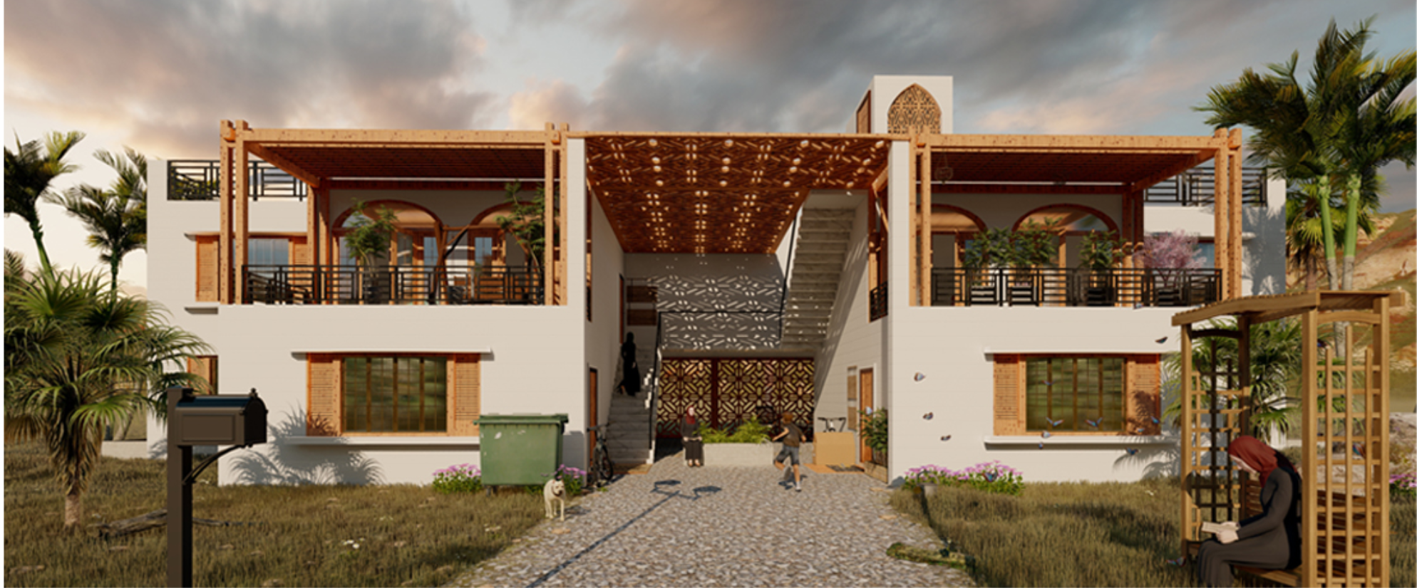 Community housing with shared courtyards, shaded terraces, landscaped paths, and spaces designed to encourage interaction.