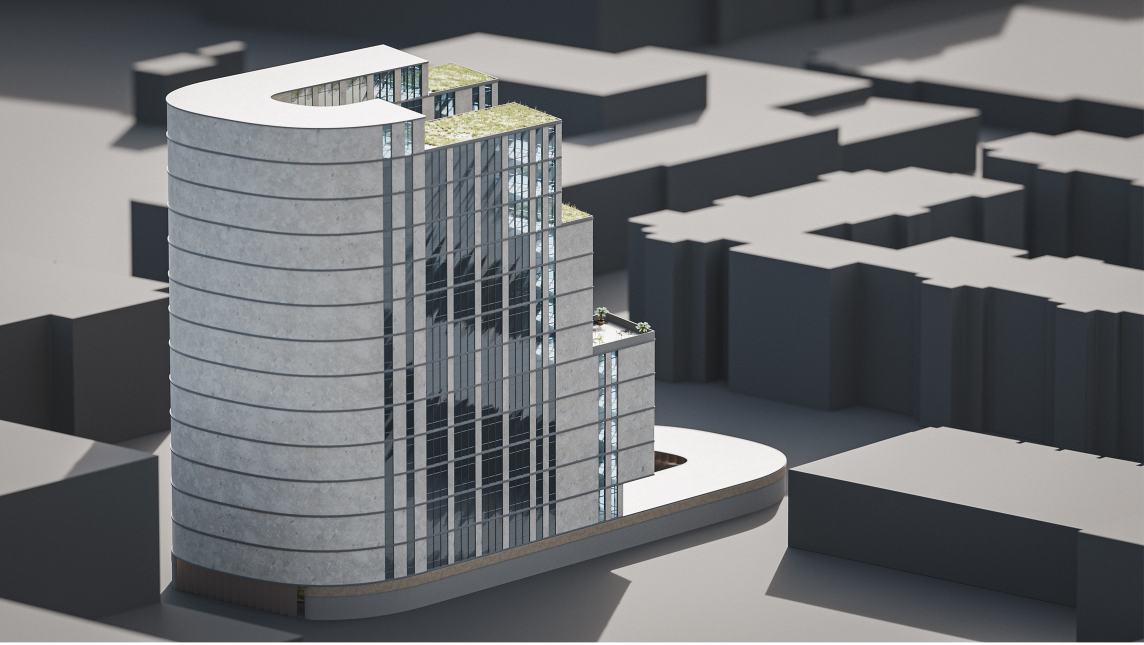 The stepped vertical form integrates landscaped terraces and sheltered spaces within the dense Skid Row urban context.