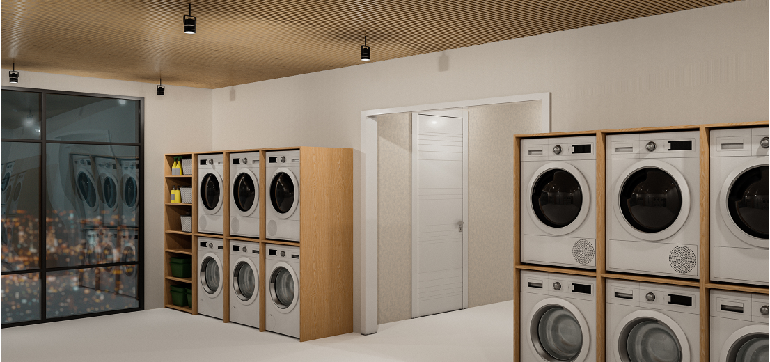 Shared laundry facilities provide residents with essential everyday amenities in a clean and dignified environment.