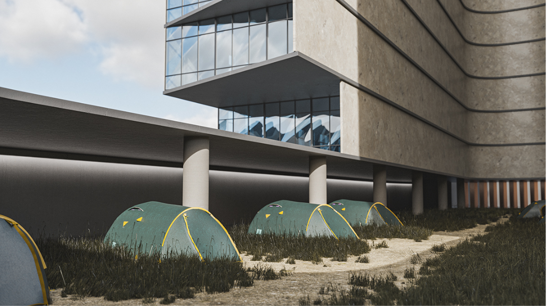 A protected ground-level zone accommodates temporary tents, creating an intermediate space between street life and permanent shelter.