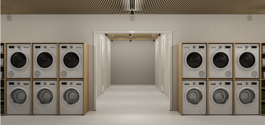 Organized washing and laundry areas reinforce the project’s focus on hygiene, independence, and daily living needs.