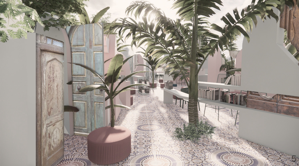 Historic doors and integrated bookshelves shape a shaded pathway through the open library.