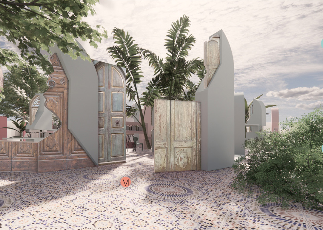 Weathered doors, lush vegetation, and modular structures create a distinctive identity for the community library.