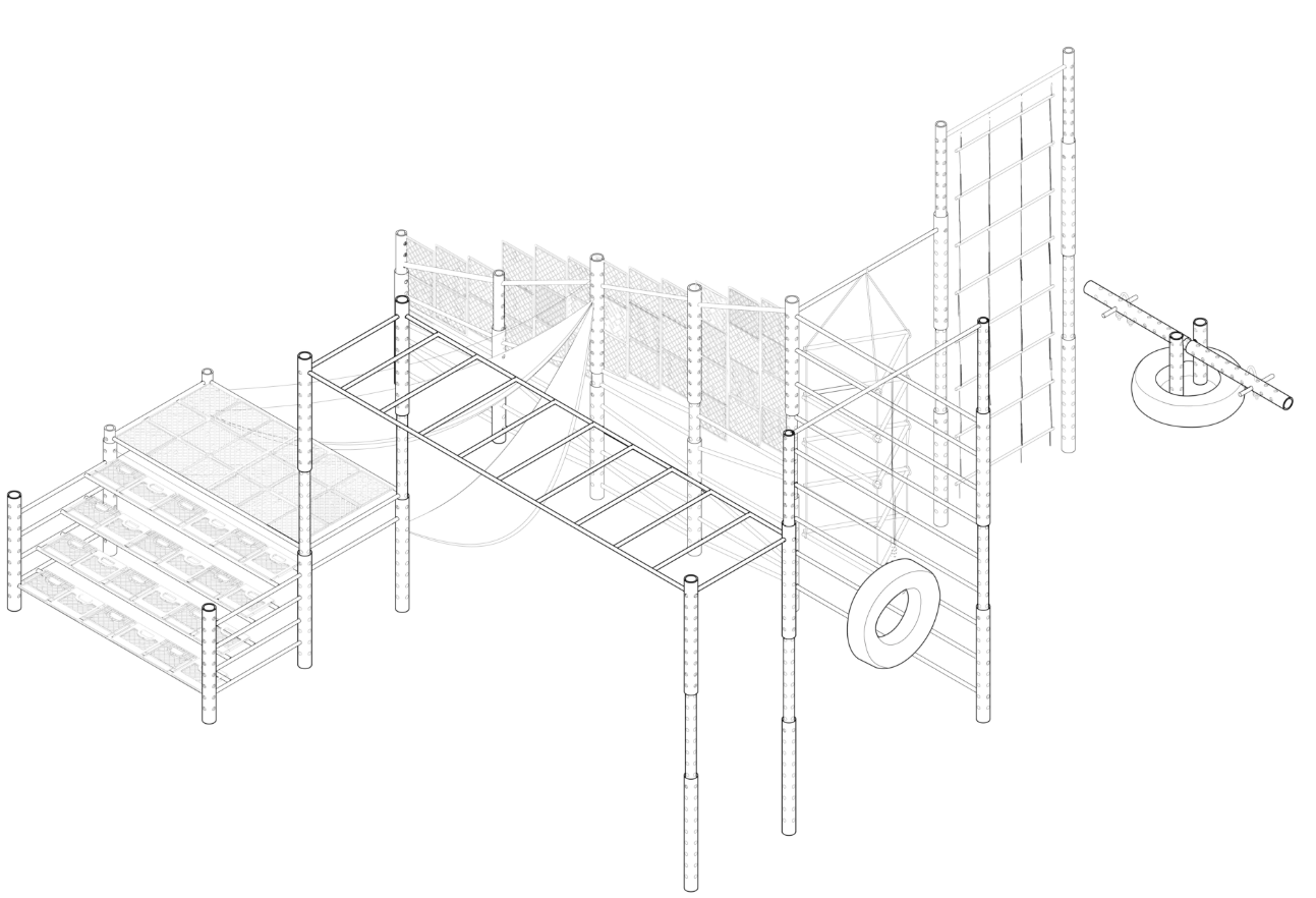Axonometric view of the Connect playground combining multiple play modules into one adaptable system.