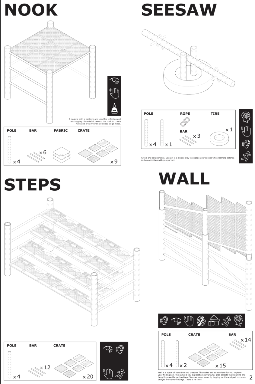 Modular nook, seesaw, steps, and wall designed from simple reusable components.