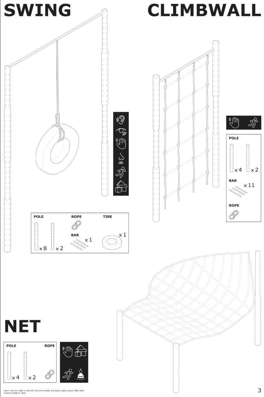 Swing, climbing wall, and net modules support movement, balance, and collaborative play.