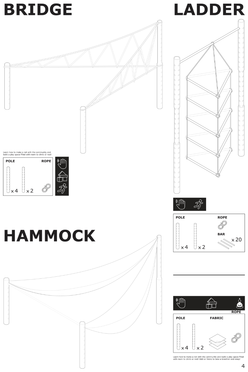 Bridge, ladder, and hammock modules expand the playground through flexible rope and frame assemblies.