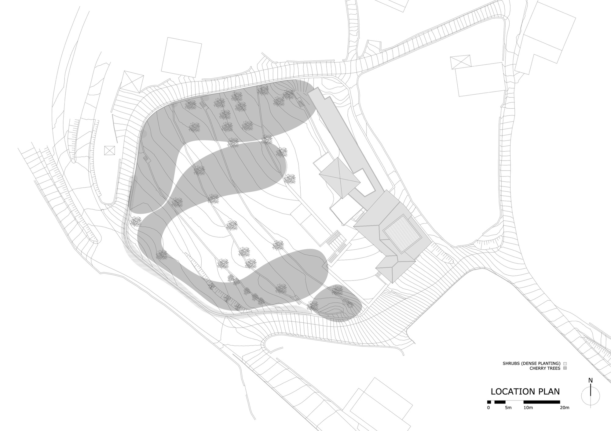 Site plan drawing showing buildings and terraced landscape on sloping terrain with existing structures