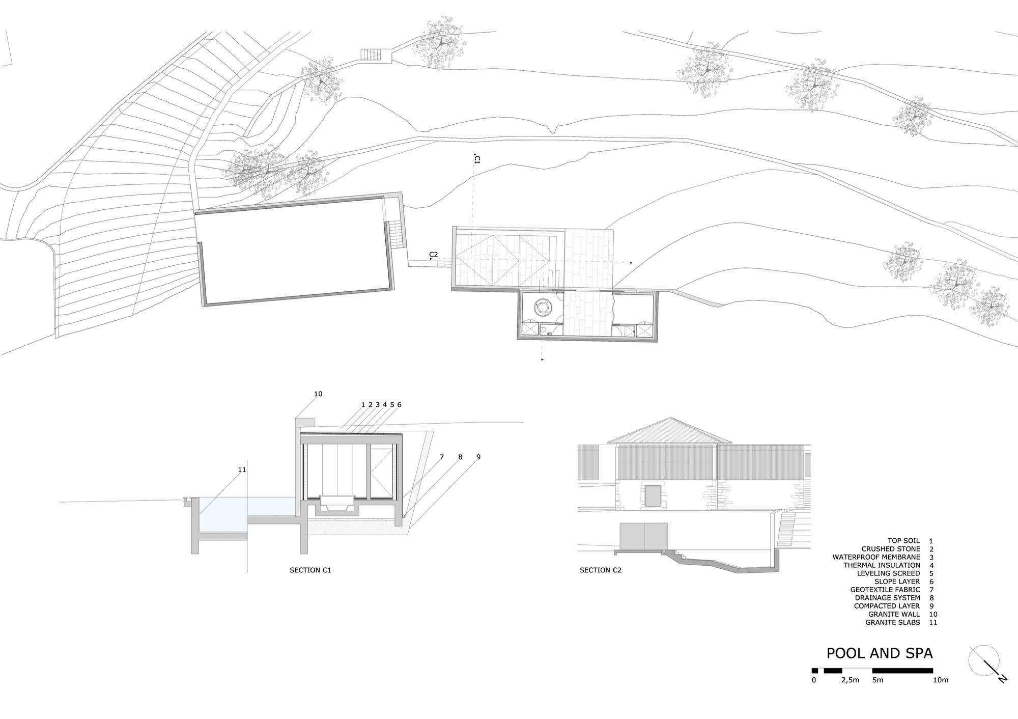 Plan and section drawings showing pool and spa pavilion with construction layer annotations