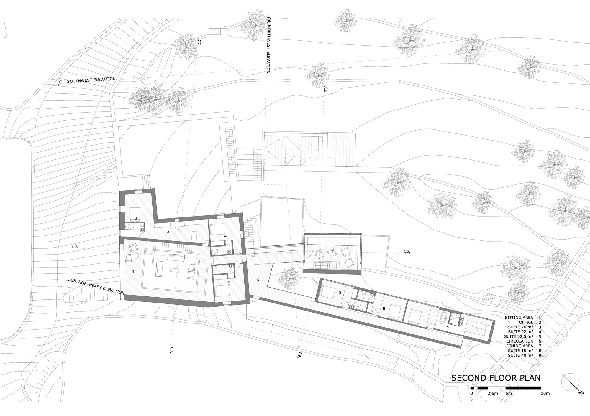 Second floor plan showing a linear volume and clustered rooms following the slope contours