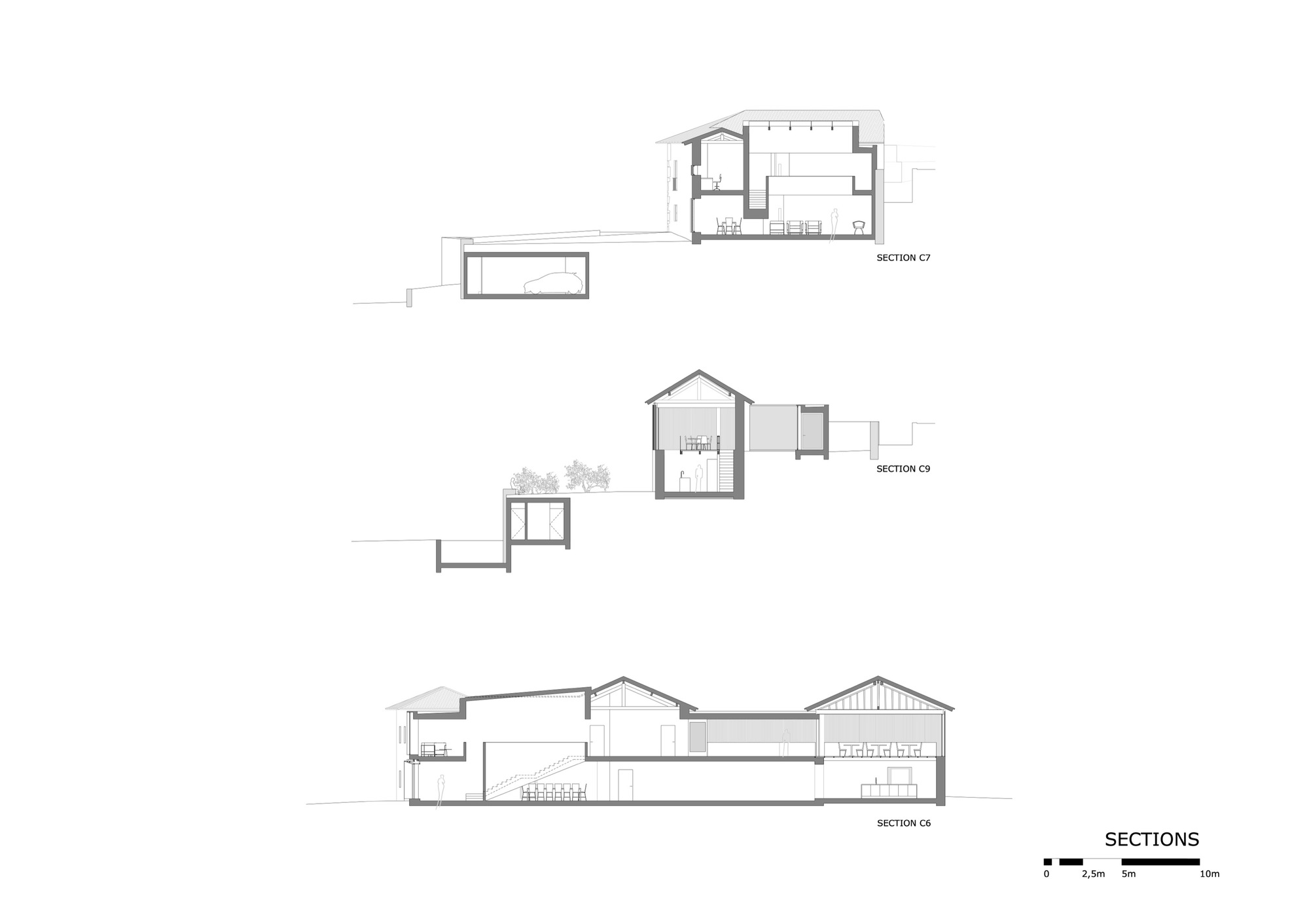 Section drawings showing the varying roof forms and internal spaces stepping down the hillside