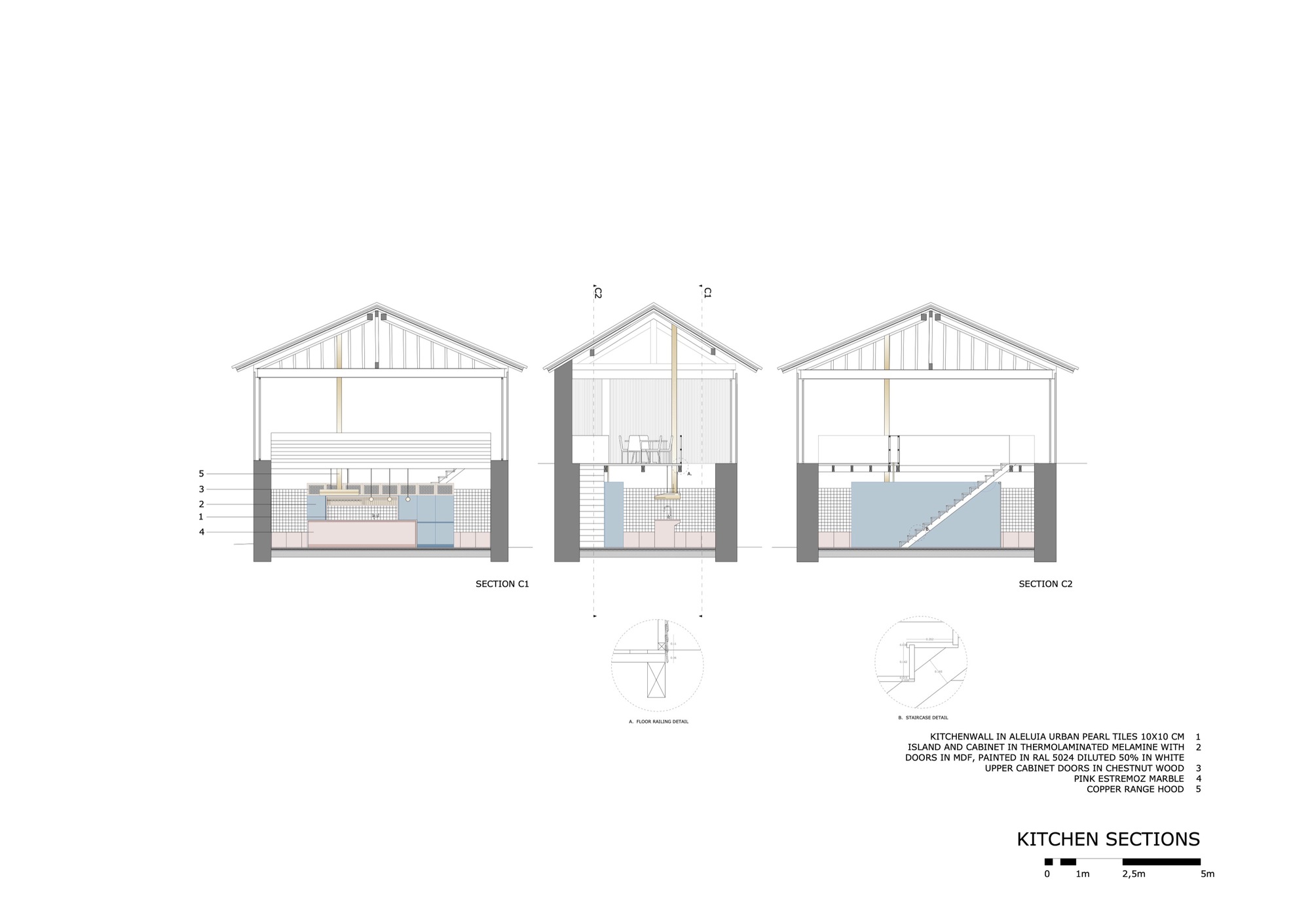 Kitchen section drawings showing three gabled volumes with cabinetry, counters and material details