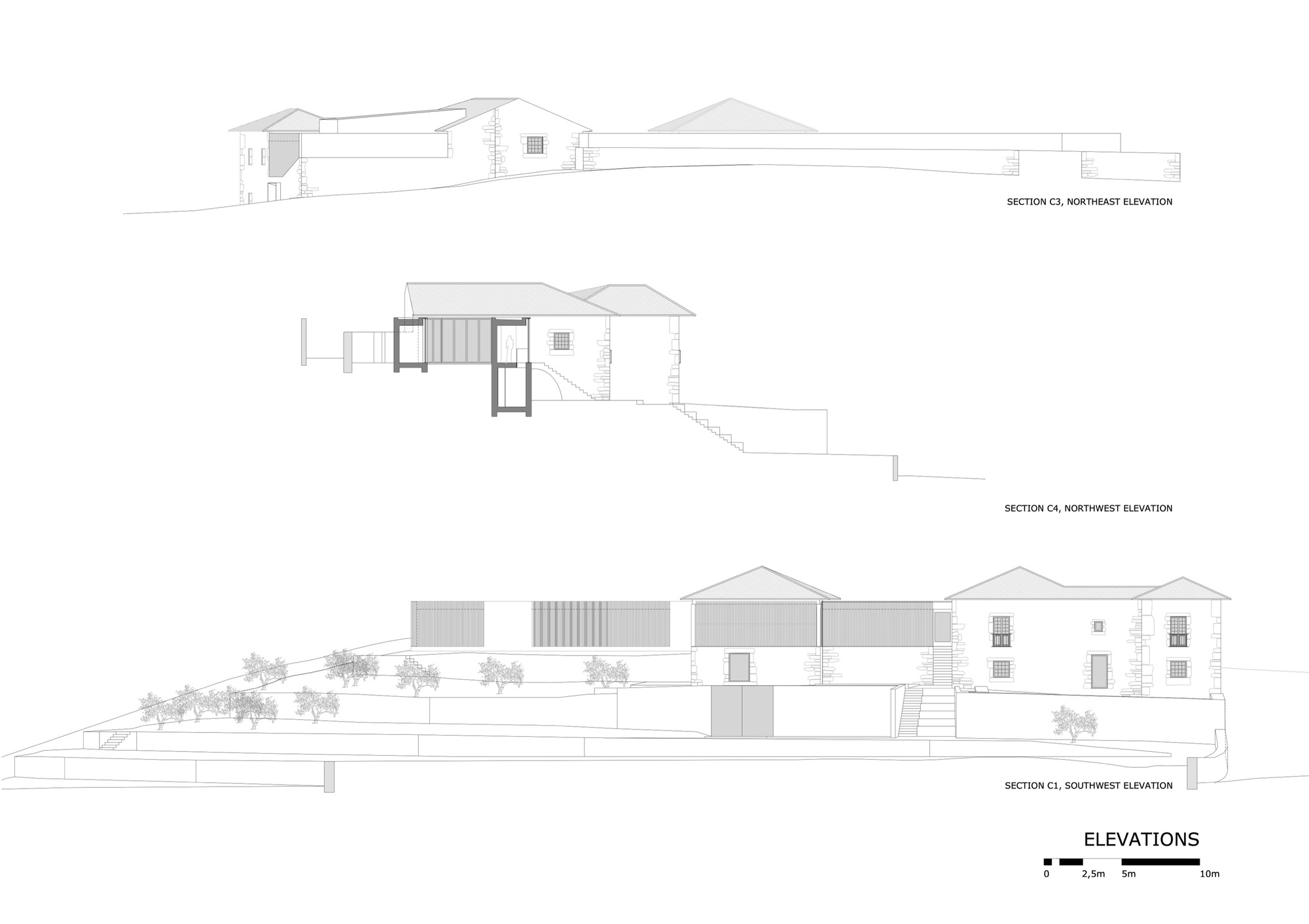 Elevation drawings showing the gabled rooflines and volumes cascading across the sloping landscape with trees