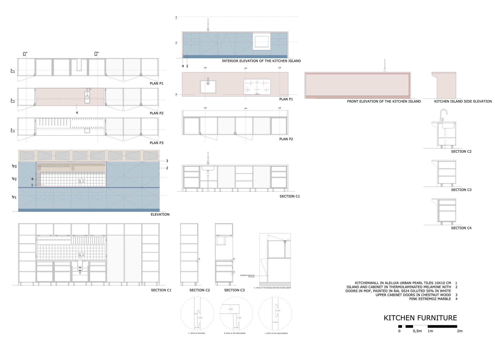 Elevation drawings and sections of a kitchen island showing cabinetry layout and countertop details