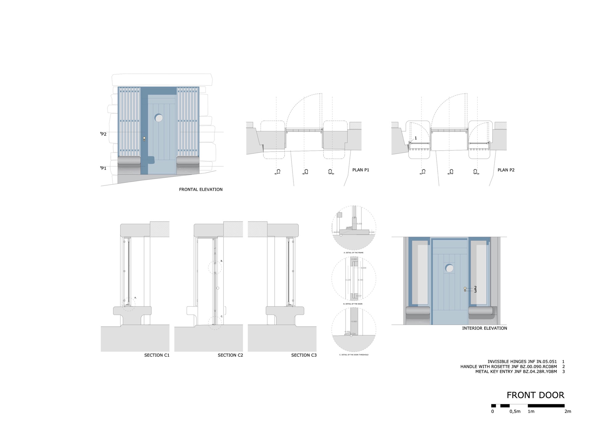 Elevation and section drawings of a front door with vertical slat panels and round porthole window