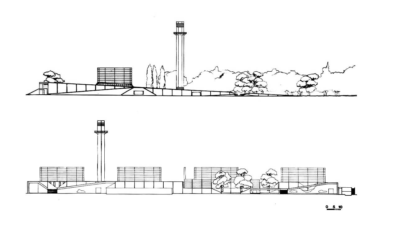 Elevation drawings showing low buildings with a vertical tower and surrounding landscape with trees